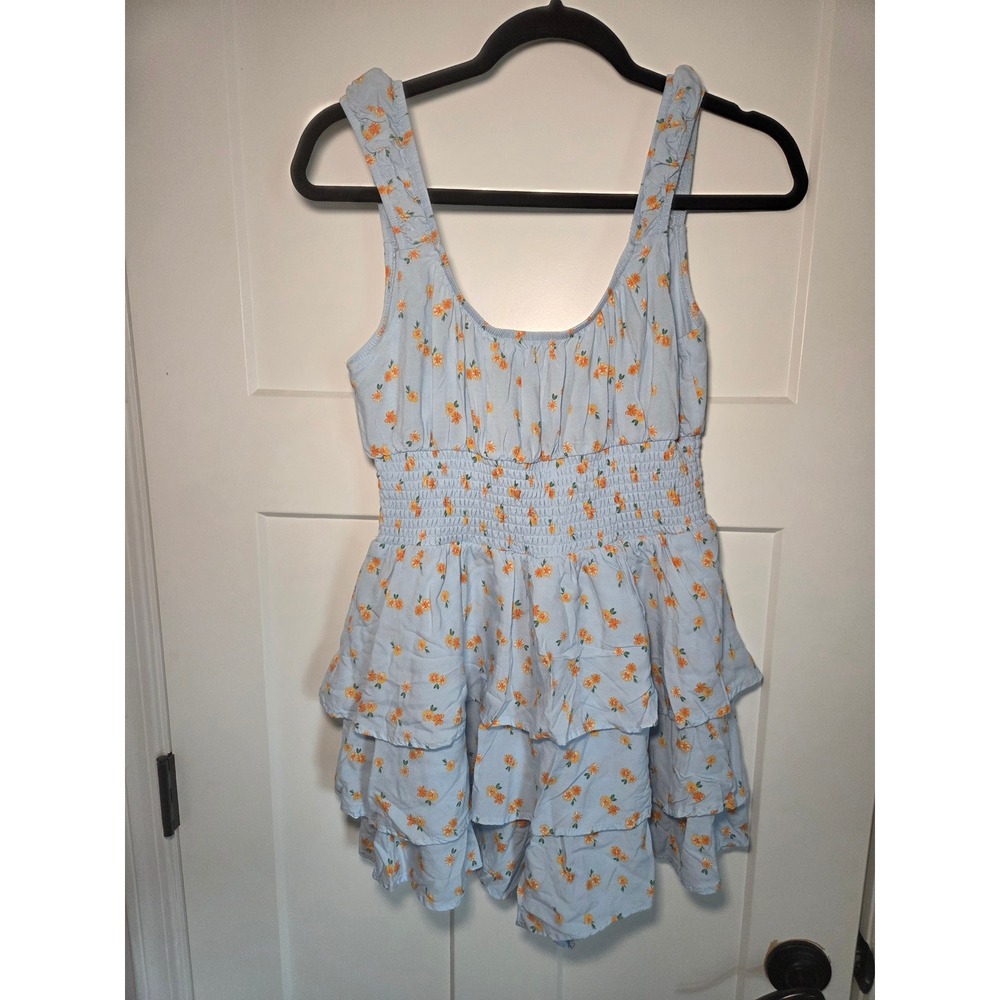 No Boundaries‎ Floral Smocked Waist Tiered Ruffle Romper Light Blue Orange Small